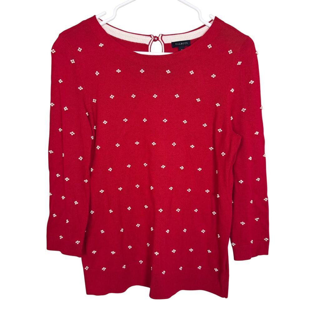 Talbots Pearl Beaded Sweater Red Knit 3/4 Sleeves Medium EUC Feminine Preppy